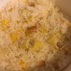 A picture of Fruit Rice with Poached Salmon.