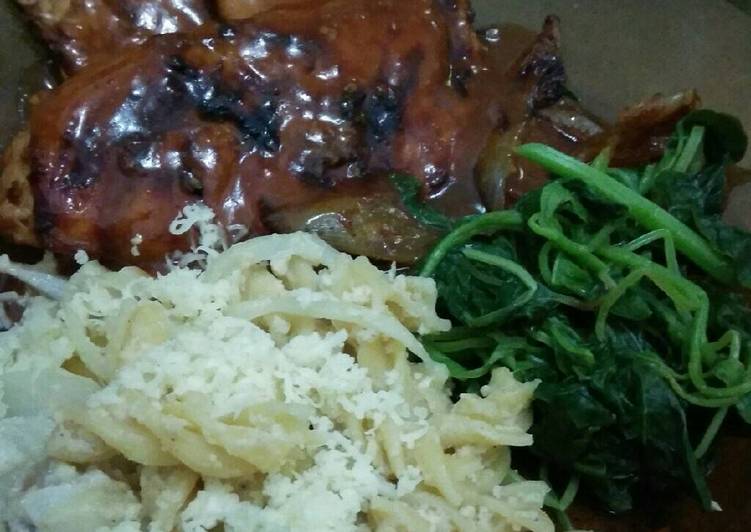 Chicken and tempe steak with cheese pasta and bayam