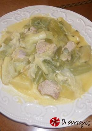 A picture of Pork with celery root and leeks.
