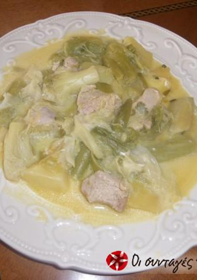 A picture of Pork with celery root and leeks.