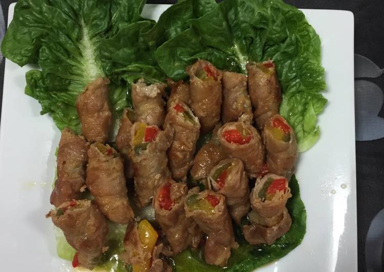 Steps to Prepare Ultimate Sliced Pork Belly Wrapped Bell Peppers