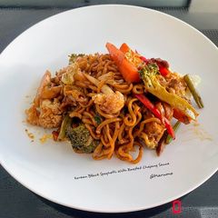 A picture of Korean Black Spaghetti With Roasted Chajang Sauce.
