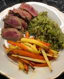 Steak with brocolli mash and parsnip/carrot fries