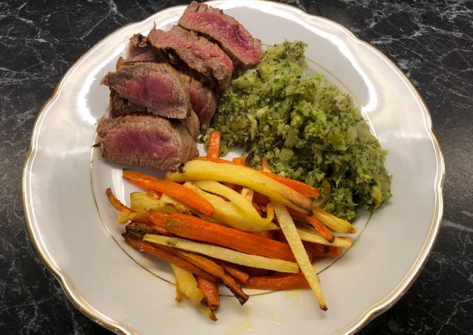 Steak with brocolli mash and parsnip/carrot fries