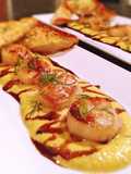 Sea scallops, tarragon butternut squash purée, honey balsamic reduction and truffled parmesan toast
