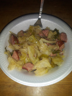 A picture of Polish Sausage and Cabbage.