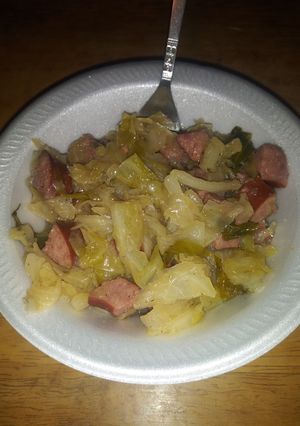 A picture of Polish Sausage and Cabbage.