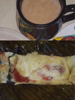 Una foto de Tamales de puerco en chileajo 🐖 🫔 y chocolate de cacao