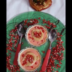Steamed paneer circle with pomegranate custard A picture of Steamed paneer circle with pomegranate custard.