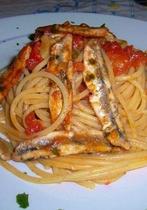 A picture of Spaghetti with Fresh Anchovies and Cherry Tomatoes.
