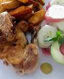 Pollo Frito con Bastones de Papa y Camote a lo Carmelita.