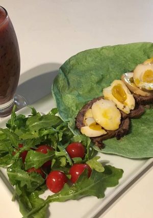 A picture of Burrito Salad with Smoothie forBreakfast.