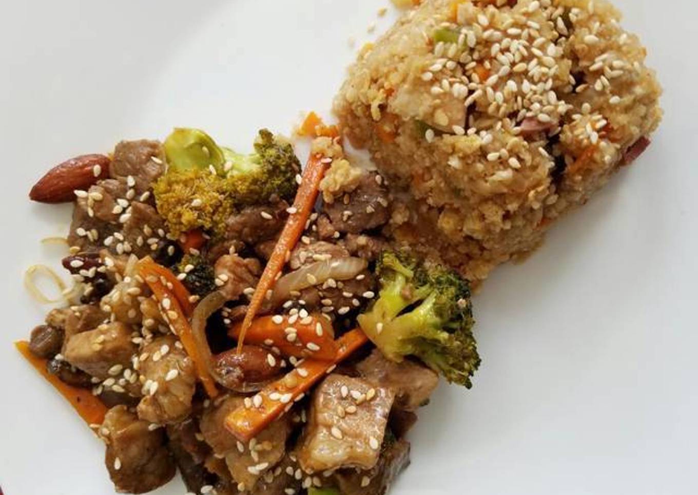 Res y cerdo kung pao con cacahuate y nueces