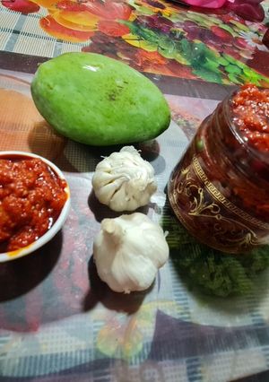 કાચી કેરી લસણની ચટણી (Kachi Keri Lasan Chutney Recipe In Gujarati) રેસીપી મુખ્ય ફોટો