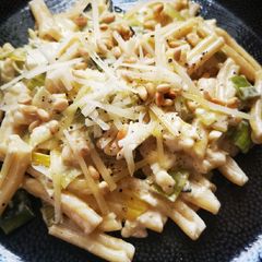 A picture of Cheesy leek and pine nut Casarecce.