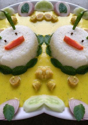 A picture of Gatte ki kadi with rice.