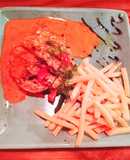 Chicken Grill steak with finger fried and red chilli sauce