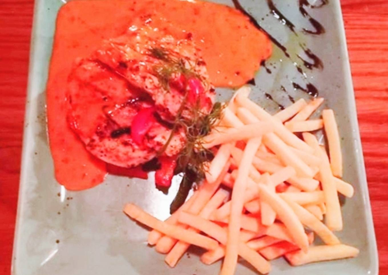 Chicken Grill steak with finger fried and red chilli sauce