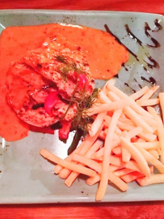 A picture of Chicken Grill steak with finger fried and red chilli sauce.
