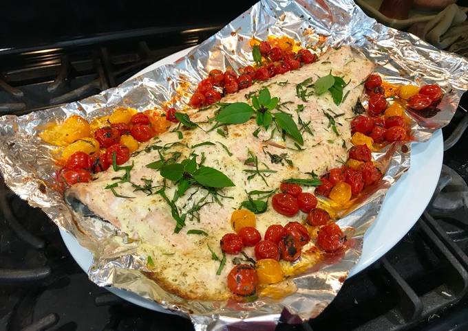 Super Easy Roasted Lemon Dill Salmon with Basil Tomatoes