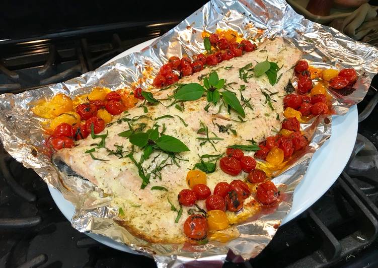 Super Easy Roasted Lemon Dill Salmon with Basil Tomatoes