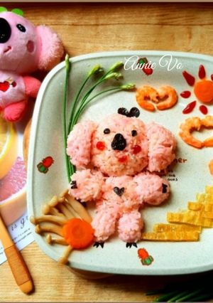 Hình của món Cơm bento: Gấu koala hồng đáng yêu (Đậu hũ xào tôm nấm).