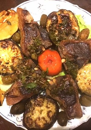 A picture of California Farm Mint Eggplant Lamb Chop Salad.