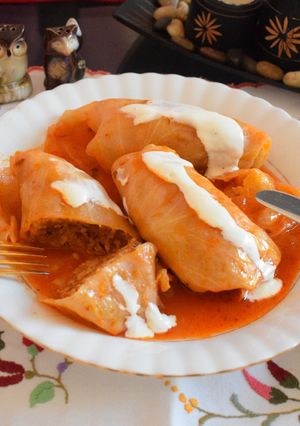 A picture of Stuffed cabbage in tomato sauce.