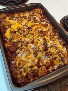 A picture of Chili Cheese Dog Bubble Up Casserole.