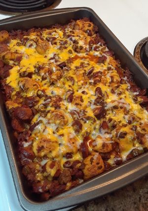 A picture of Chili Cheese Dog Bubble Up Casserole.
