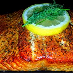 A picture of Mike's Smoked Wild Alaskan King Salmon Fillets & Grilled Asparagus.