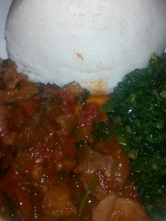 A picture of Beef stew,veges and ugali.