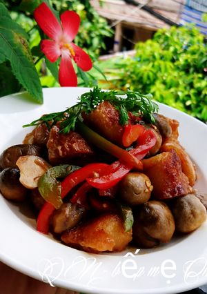 Hình của món Mì căn kho nấm rơm chay.