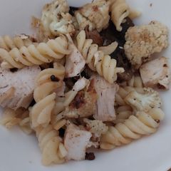 Sig's roast chicken, roast cauliflower, onion and mushroom pasta A picture of Sig's roast chicken, roast cauliflower, onion and mushroom pasta.