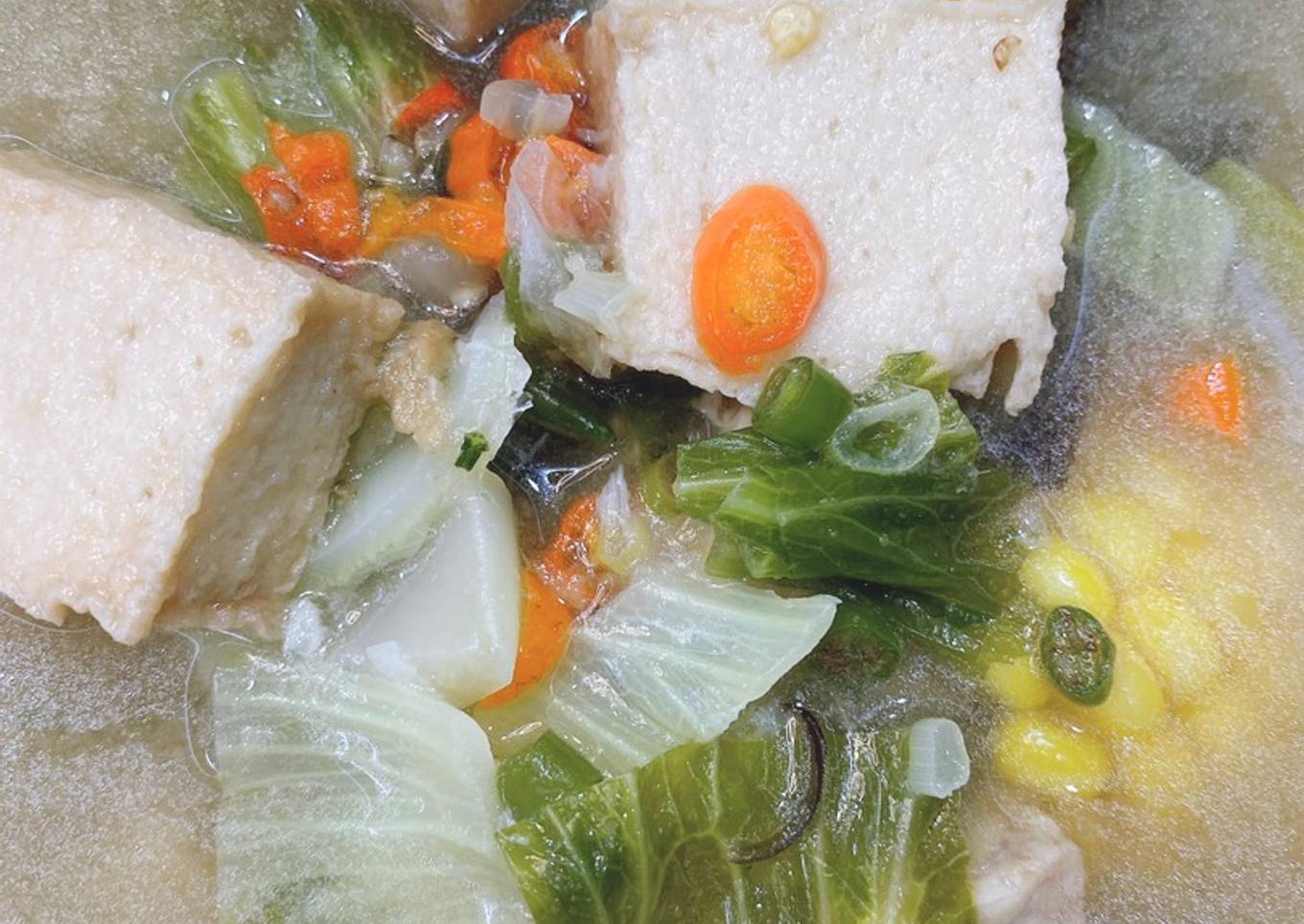 Sup sawi pahit jagung tahu kaki jamur Vegan