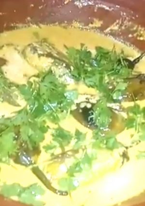 A picture of Brinjal Curry in white gravy.