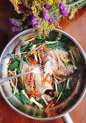 Hình của món Cá Chim Đen Hấp Nước Tương.