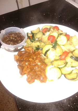 A picture of # local ingredients: beef,courgette,cherry tomatoes  couliflower and brown paste.