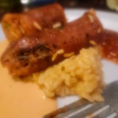 A picture of Smoked Chicken Sausage on Spiced Rice.