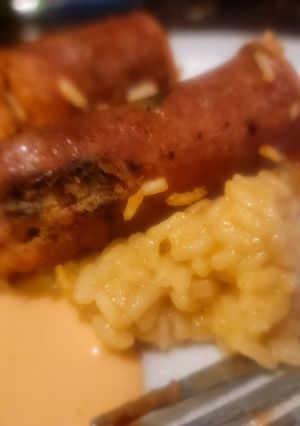A picture of Smoked Chicken Sausage on Spiced Rice.