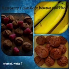 Raspberry and chocolate banana muffins A picture of Raspberry and chocolate banana muffins.