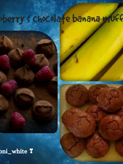 A picture of Raspberry and chocolate banana muffins.