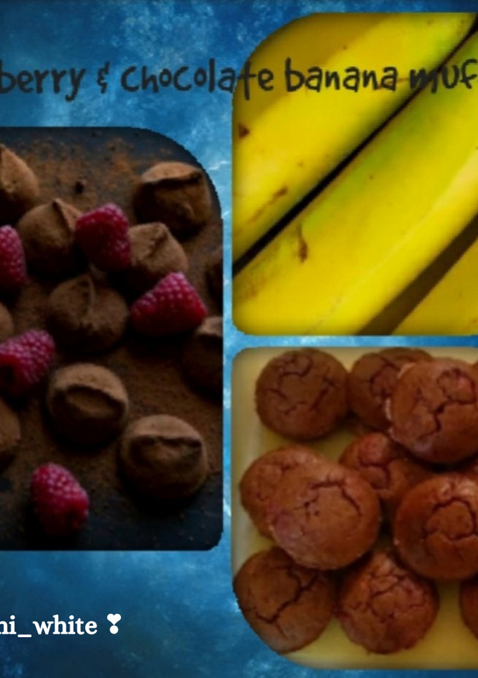 A picture of Raspberry and chocolate banana muffins.