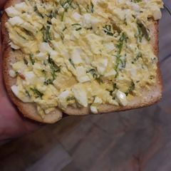 A picture of Imitation of eggs canape- deviled eggs on bread.