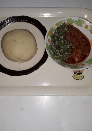 A picture of Semovita and Okro Stew.