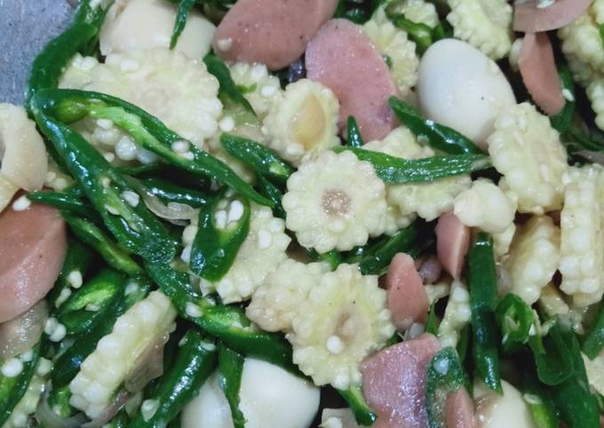 Cara Membuat Oseng baby corn cabe ijo telur puyuh sosis Wajib Dicoba