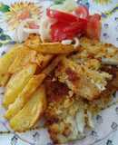 Bacalhau com broa e batata assada aromatizada