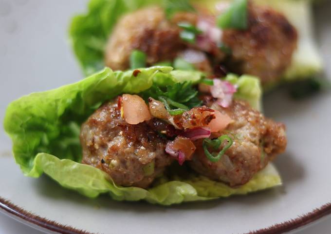 Laarb Balls in Lettuce Cup Topped with Thai Salsa