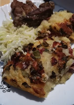 A picture of Bacon and cheese mashed potato bake #potatodish.