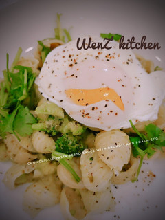 Foto resep Chonchiglie pasta pesto sauce with brokoli and poach egg